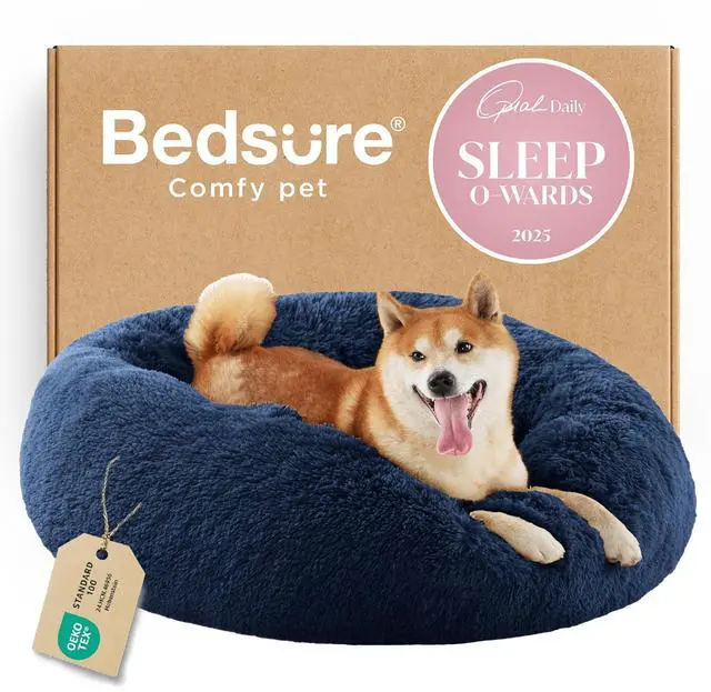 Main image of Calming Dog Bed Medium Size Dog Donut Washable Pet Bed,30ins Navy | Fluffy Faux Fur Round Cuddler,Machine Washable,Anti-Slip Bottom,Anti-Anxiety,Deep Sleeping for Pets Up to 45 Lbs