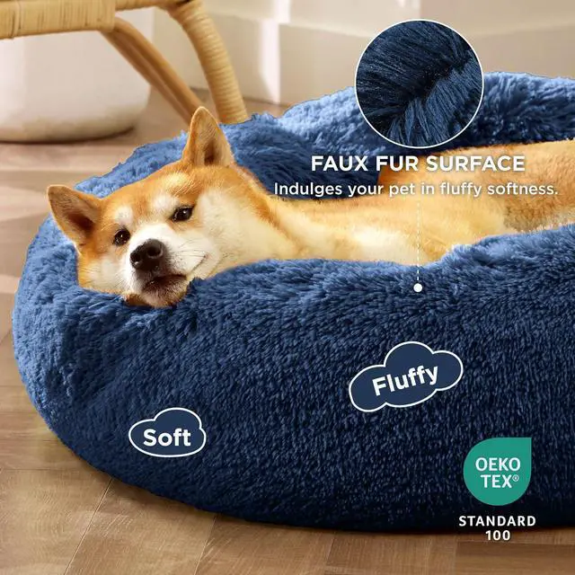 Alt view image 2 of 6 - Calming Dog Bed Medium Size Dog Donut Washable Pet Bed,30ins Navy | Fluffy Faux Fur Round Cuddler,Machine Washable,Anti-Slip Bottom,Anti-Anxiety,Deep Sleeping for Pets Up to 45 Lbs
