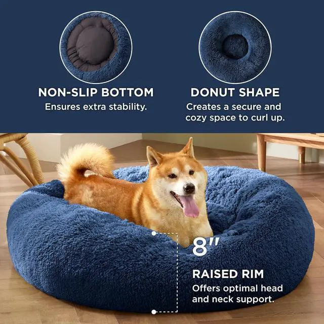 Alt view image 3 of 6 - Calming Dog Bed Medium Size Dog Donut Washable Pet Bed,30ins Navy | Fluffy Faux Fur Round Cuddler,Machine Washable,Anti-Slip Bottom,Anti-Anxiety,Deep Sleeping for Pets Up to 45 Lbs