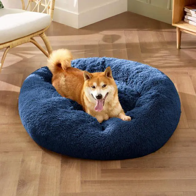 Alt view image 4 of 6 - Calming Dog Bed Medium Size Dog Donut Washable Pet Bed,30ins Navy | Fluffy Faux Fur Round Cuddler,Machine Washable,Anti-Slip Bottom,Anti-Anxiety,Deep Sleeping for Pets Up to 45 Lbs