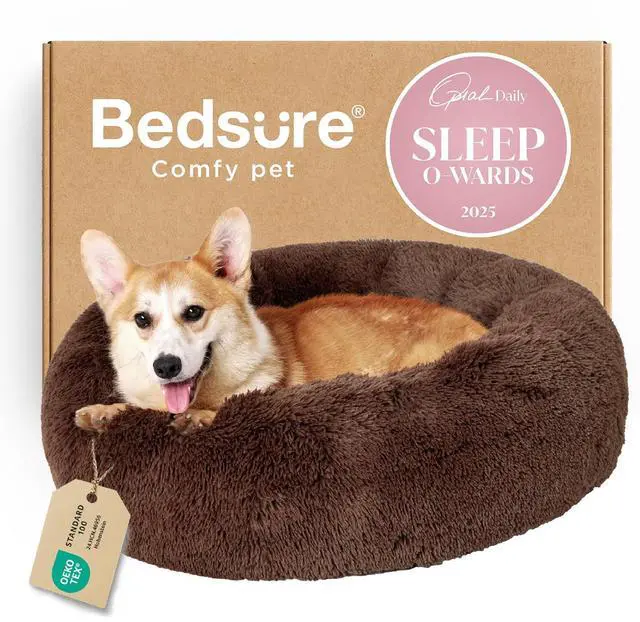 Main image of Calming Dog Bed Medium Size Dog Donut Washable Pet Bed,30ins Coffee | Fluffy Faux Fur Round Cuddler,Machine Washable,Anti-Slip Bottom,Anti-Anxiety,Deep Sleeping for Pets Up to 45 Lbs