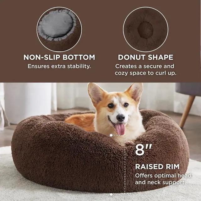 Alt view image 3 of 6 - Calming Dog Bed Medium Size Dog Donut Washable Pet Bed,30ins Coffee | Fluffy Faux Fur Round Cuddler,Machine Washable,Anti-Slip Bottom,Anti-Anxiety,Deep Sleeping for Pets Up to 45 Lbs