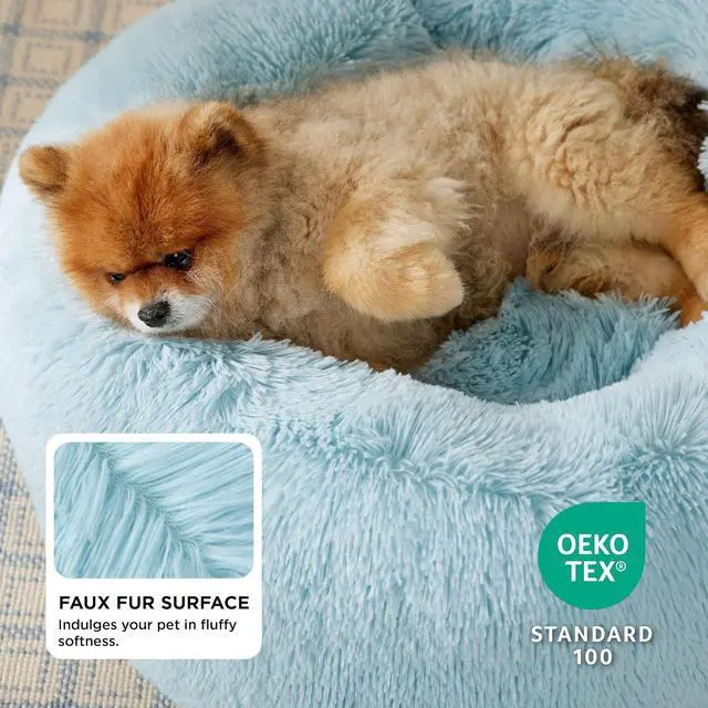 Alt view image 2 of 5 - Calming Small Dog Bed Donut Washable CatPuppy Bed,23 inches | Fluffy Faux Fur Round Cuddler,Anti-Slip Bottom,Anti-Anxiety,Deep Sleeping for Large Cat & Pets Up to 25 Lbs,Aqua Blue