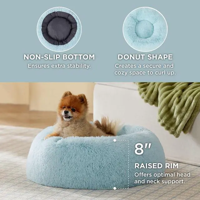Alt view image 3 of 5 - Calming Small Dog Bed Donut Washable CatPuppy Bed,23 inches | Fluffy Faux Fur Round Cuddler,Anti-Slip Bottom,Anti-Anxiety,Deep Sleeping for Large Cat & Pets Up to 25 Lbs,Aqua Blue