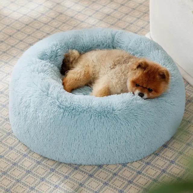 Alt view image 4 of 5 - Calming Small Dog Bed Donut Washable CatPuppy Bed,23 inches | Fluffy Faux Fur Round Cuddler,Anti-Slip Bottom,Anti-Anxiety,Deep Sleeping for Large Cat & Pets Up to 25 Lbs,Aqua Blue