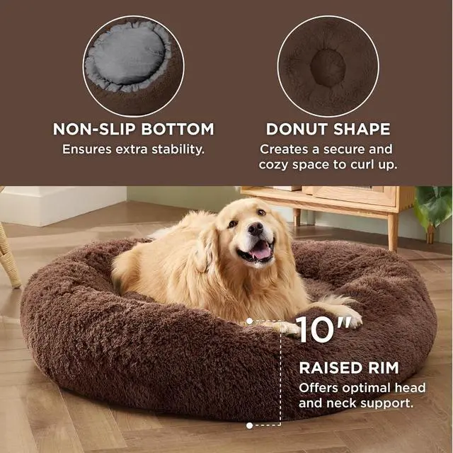Alt view image 3 of 6 - Calming XL Dog Bed Donut Washable Extra Large Pet Bed,45ins Coffee | Fluffy Faux Fur Round Cuddler,Machine Washable,Anti-Slip Bottom,Anti-Anxiety,Deep Sleeping for Pets Up to 120 Lbs