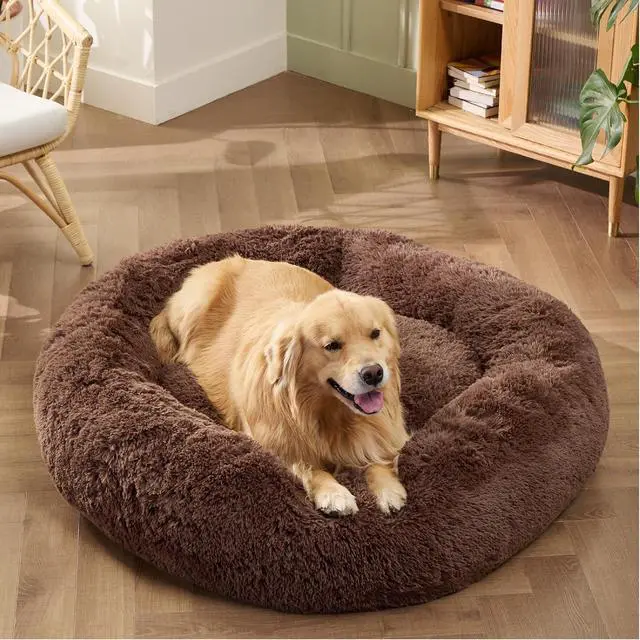 Alt view image 4 of 6 - Calming XL Dog Bed Donut Washable Extra Large Pet Bed,45ins Coffee | Fluffy Faux Fur Round Cuddler,Machine Washable,Anti-Slip Bottom,Anti-Anxiety,Deep Sleeping for Pets Up to 120 Lbs