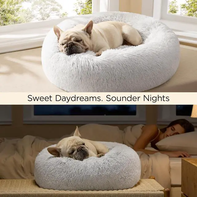 Alt view image 4 of 7 - Calming Dog Beds Large Sized Dog Donut Washable Pet Bed,36ins | Fluffy Faux Fur Round Cuddler,with Removable Washable Cover,Anti-Slip Bottom,Anti-Anxiety,for Pets Up to 80 Lbs,Frost Grey