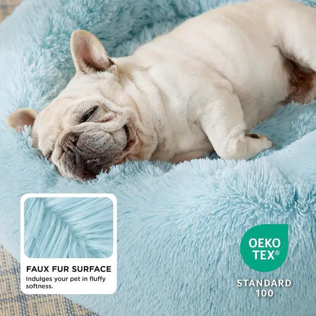Alt view image 2 of 6 - Calming Dog Bed Medium Size Dog Donut Washable Pet Bed,30ins | Fluffy Faux Fur Round Cuddler,Machine Washable,Anti-Slip Bottom,Anti-Anxiety,Deep Sleeping for Pets Up to 45 Lbs,Aqua Blue