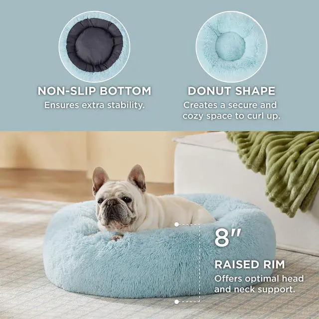 Alt view image 3 of 6 - Calming Dog Bed Medium Size Dog Donut Washable Pet Bed,30ins | Fluffy Faux Fur Round Cuddler,Machine Washable,Anti-Slip Bottom,Anti-Anxiety,Deep Sleeping for Pets Up to 45 Lbs,Aqua Blue