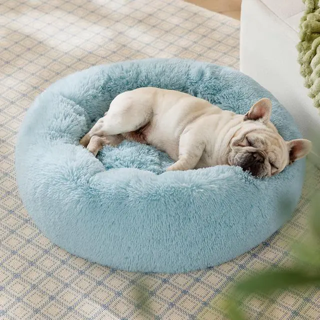 Alt view image 4 of 6 - Calming Dog Bed Medium Size Dog Donut Washable Pet Bed,30ins | Fluffy Faux Fur Round Cuddler,Machine Washable,Anti-Slip Bottom,Anti-Anxiety,Deep Sleeping for Pets Up to 45 Lbs,Aqua Blue