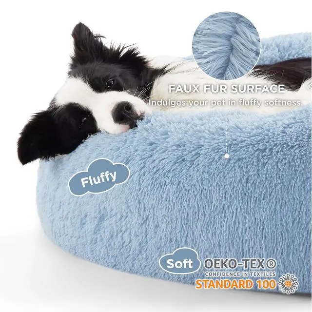 Alt view image 2 of 6 - Calming Dog Beds Large Sized Dog Donut Washable Pet Bed,36ins | Fluffy Faux Fur Round Cuddler,with Removable Washable Cover,Anti-Slip Bottom,Anti-Anxiety,for Pets Up to 80 Lbs,Light Blue