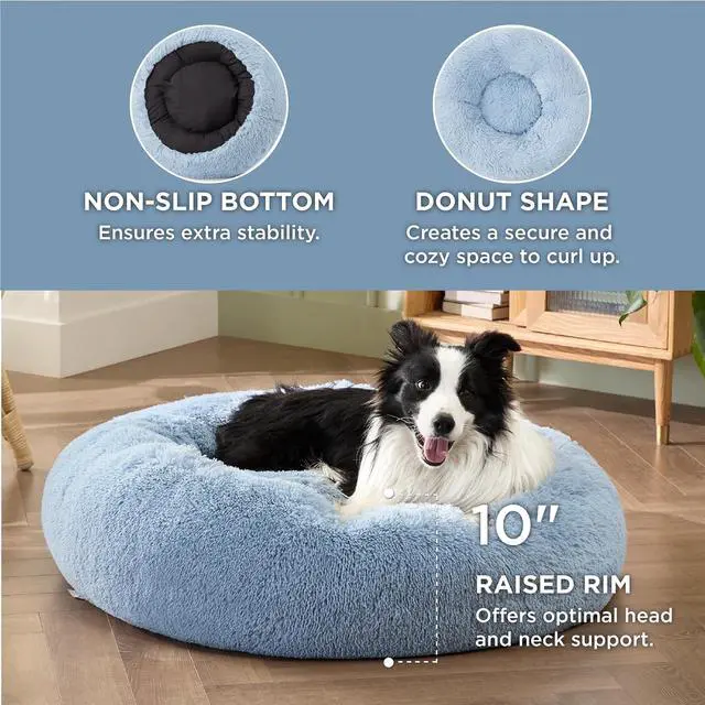 Alt view image 3 of 6 - Calming Dog Beds Large Sized Dog Donut Washable Pet Bed,36ins | Fluffy Faux Fur Round Cuddler,with Removable Washable Cover,Anti-Slip Bottom,Anti-Anxiety,for Pets Up to 80 Lbs,Light Blue