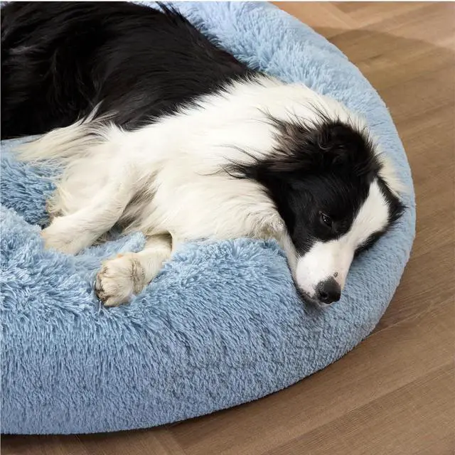 Alt view image 4 of 6 - Calming Dog Beds Large Sized Dog Donut Washable Pet Bed,36ins | Fluffy Faux Fur Round Cuddler,with Removable Washable Cover,Anti-Slip Bottom,Anti-Anxiety,for Pets Up to 80 Lbs,Light Blue