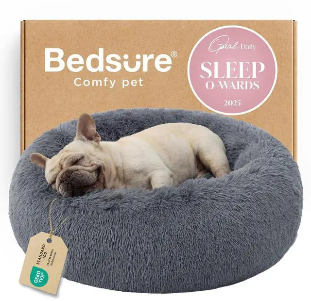 Main image of Calming Dog Bed Medium Size Dog Donut Washable Pet Bed,30ins | Fluffy Faux Fur Round Cuddler,Machine Washable,Anti-Slip Bottom,Anti-Anxiety,Deep Sleeping for Pets Up to 45 Lbs,Dark Grey
