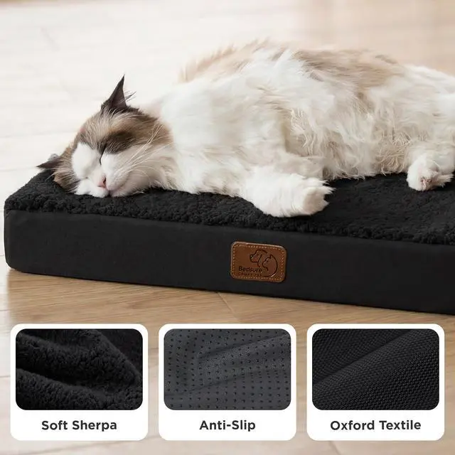 Alt view image 4 of 7 - Small Dog Bed, Cat Puppy Bed with Comfy Sherpa, 24x16 Inch Black | Orthopedic Egg Crate Foam, Flat Rectangle Pet Mat, Non-Slip Bottom, Removable Washable Cover, For Small Breeds Up to 15 lbs