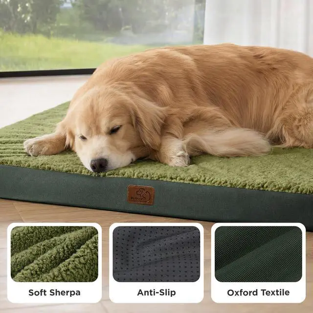 Alt view image 4 of 7 - XL Dog Bed, Extra Large Pet Bed with Comfy Sherpa,44x32 Dark Green | Orthopedic Egg Crate Foam,Comfort Support Flat Rectangle Pet Mat,Non-Slip Bottom,Removable Cover,For Extra Pet Up to 80 lbs
