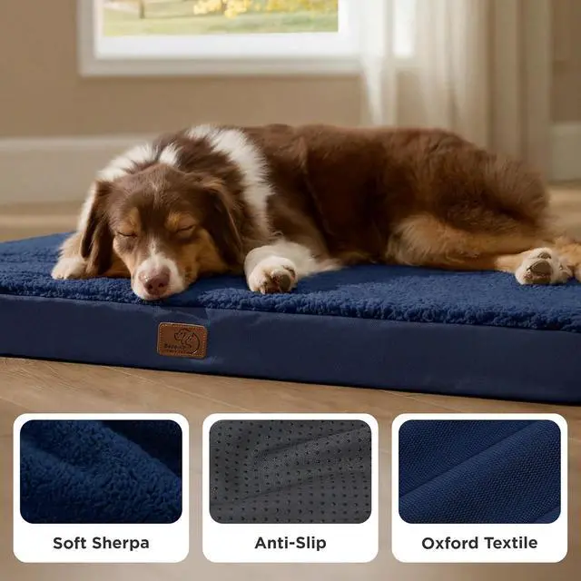 Alt view image 4 of 7 - Washable Dog Beds Large Sized Dog with Comfy Sherpa, 36x27in Navy | Orthopedic Egg Crate Foam,Comfort Support Flat Rectangle Pet Mat,Non-Slip Bottom,Removable Cover,For Large Breed Up to 55 lbs