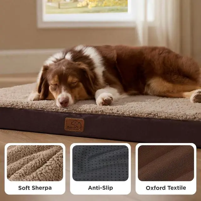 Alt view image 4 of 7 - Washable Dog Beds Large Sized Dog with Comfy Sherpa, 36x27in Brown | Orthopedic Egg Crate Foam,Comfort Support Flat Rectangle Pet Mat,Non-Slip Bottom,Removable Cover,For Large Breed Up to 55 lbs