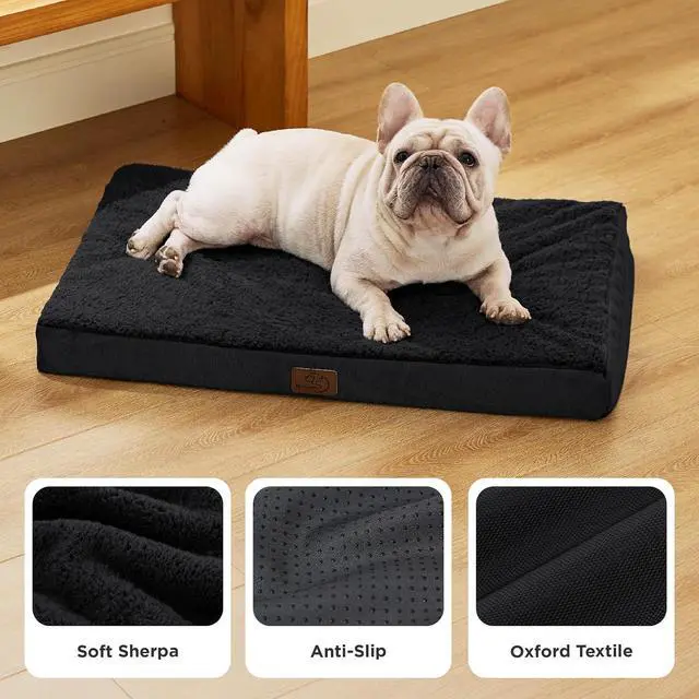 Alt view image 4 of 7 - Washable Dog Bed Medium Size Dog with Comfy Sherpa, 30x20in Black | Orthopedic Egg Crate Foam,Comfort Support Flat Rectangle Pet Mat,Non-Slip Bottom,Removable Cover,For Medium Pet Up to 30 lbs