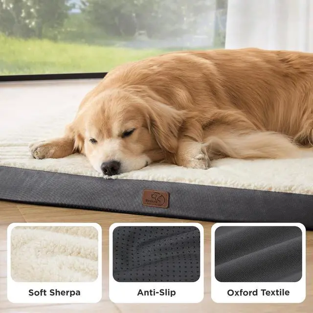 Alt view image 4 of 7 - XXL Dog Bed, Giant Pet Bed with Washable Cover, 53x36 Inch Grey | Orthopedic Egg Crate Foam, Flat Rectangle Sherpa Mat, Non-Slip Bottom, Comfy Removable Washable Cover, For Pets Up to 100 lbs