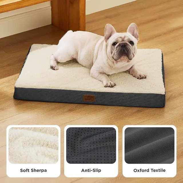 Alt view image 4 of 7 - Washable Dog Bed Medium Size Dog with Comfy Sherpa, 30x20in Grey | Orthopedic Egg Crate Foam,Comfort Support Flat Rectangle Pet Mat,Non-Slip Bottom,Removable Cover,For Medium Pet Up to 30 lbs