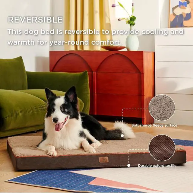 Alt view image 2 of 7 - XL Dog Bed, Extra Large Pet Bed with Comfy Sherpa,44x32in Brown | Orthopedic Egg Crate Foam,Comfort Support Flat Rectangle Pet Mat,Non-Slip Bottom,Removable Cover,For Extra Pet Up to 80 lbs