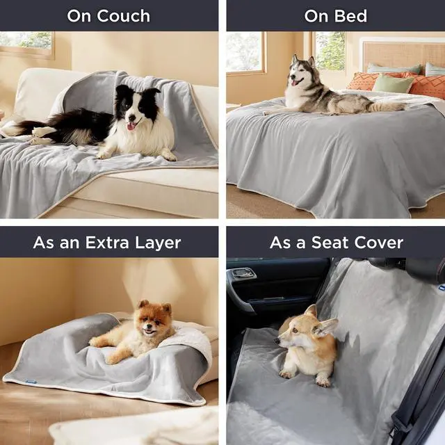 Alt view image 6 of 7 - Waterproof Blanket for Bed Soft Sherpa Fleece Throw,King 108"x86" | Plush Cozy Calming Reversible Dog Blankets for Large Senior Dogs,Warm Bed Couch Cover,Pet Furniture Protector,Light Grey