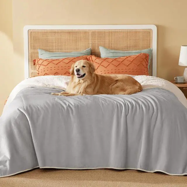 Main image of Waterproof Blanket for Bed Soft Sherpa Fleece Throw,Queen 90x86 | Plush Cozy Calming Reversible Dog Blankets for Large Senior Dogs,Warm Bed Couch Cover,Pet Furniture Protector,Light Grey