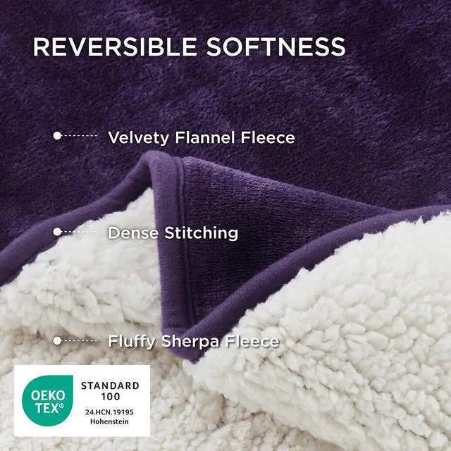 Alt view image 3 of 7 - Waterproof Blanket for Bed Soft Sherpa Fleece Throw,Queen 90x86 | Plush Cozy Calming Reversible Dog Blankets for Large Senior Dogs,Warm Bed Couch Cover,Pet Furniture Protector,Eggplant