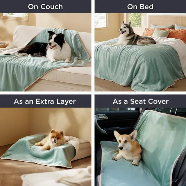 Alt view image 6 of 7 - Waterproof Blanket for Bed Soft Sherpa Fleece Throw,Queen 90x86 | Plush Cozy Calming Reversible Dog Blankets for Large Senior Dogs,Warm Bed Couch Cover,Pet Furniture Protector,Light Green