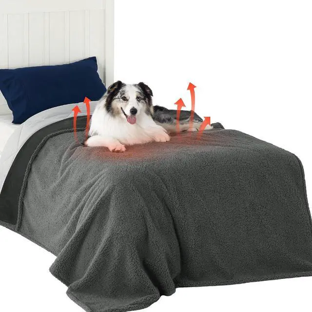 Main image of Self Warming Waterproof Blanket for Bed - Twin Size (80"x60") Grey | Soft Plush Sherpa FleeceCozy Calming Reversible Dog Blankets for Large Dogs Pet,Warm Bed Couch Cover Furniture Protector