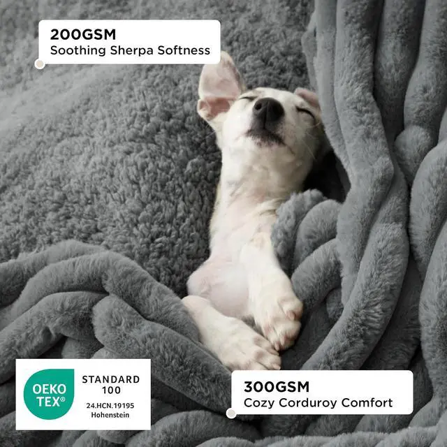 Alt view image 3 of 7 - ComfyFleece Waterproof Blanket for Bed, Twin60"x80" Warm Grey | Soft Plush Couch Bed Cover Corduroy Fleece for Furniture Protector, Cozy Calming Reversible Dog Blankets for Large Dogs Pet