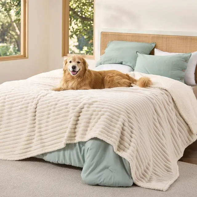 Main image of ComfyFleece Waterproof Blanket for Bed, King86"x108" Cream | Soft Plush Bed Couch Cover Corduroy Fleece for Furniture Protector, Cozy Calming Reversible Dog Blankets for Large Dogs Pet