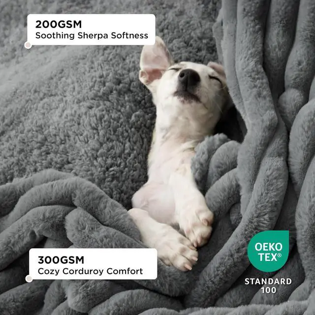 Alt view image 2 of 7 - ComfyFleece Waterproof Blanket for Bed, Queen86"x108" Warm Grey | Soft Plush Bed Couch Cover Corduroy Fleece for Furniture Protector, Cozy Calming Reversible Dog Blankets for Large Dogs Pet