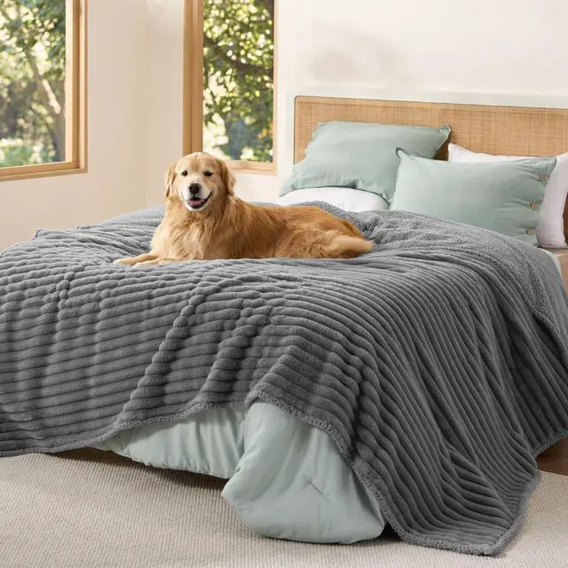 Main image of ComfyFleece Waterproof Blanket for Bed, King86"x108" Warm Grey | Soft Plush Bed Couch Cover Corduroy Fleece for Furniture Protector, Cozy Calming Reversible Dog Blankets for Large Dogs Pet