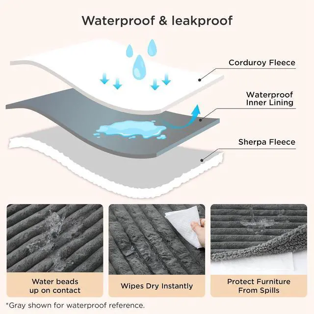 Alt view image 4 of 7 - ComfyFleece Waterproof Blanket for Bed, Twin60"x80" Warm Grey | Soft Plush Couch Bed Cover Corduroy Fleece for Furniture Protector, Cozy Calming Reversible Dog Blankets for Large Dogs Pet