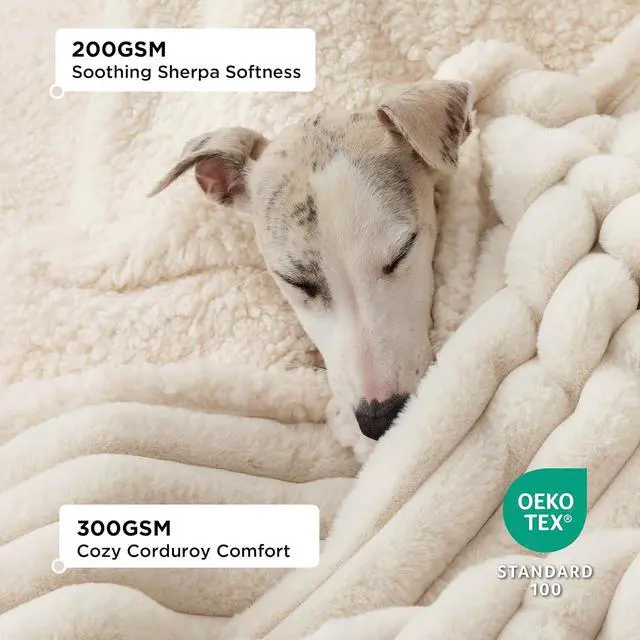 Alt view image 7 of 7 - ComfyFleece Waterproof Blanket for Bed, King86"x108" Cream | Soft Plush Bed Couch Cover Corduroy Fleece for Furniture Protector, Cozy Calming Reversible Dog Blankets for Large Dogs Pet