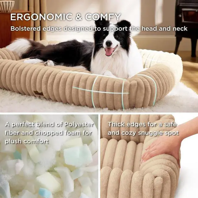 Alt view image 4 of 7 - ComfyFleece Dog Beds Large Sized Dog Washable36in Sandy Beige | Furry Big Rectangle Pet Beds,Cute Aesthetic,Orthopedic Corduroy Fleece,Removable Zipper Cover,Non-Slip Bottom,Up to 60 Lbs