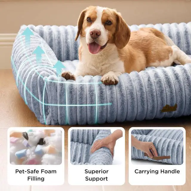 Alt view image 2 of 6 - ComfyFleece Dog Beds Large Sized Dog Washable36in Blue Indigo | Furry Big Rectangle Pet Beds,Cute Aesthetic,Orthopedic Corduroy Fleece,Removable Zipper Cover,Non-Slip Bottom,Up to 60 Lbs