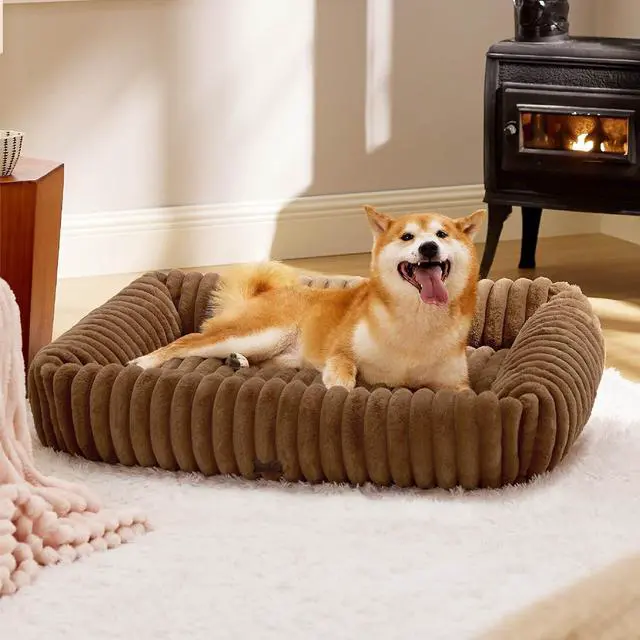 Main image of ComfyFleece Dog Beds Large Sized Dog Washable36in Camel Brown | Furry Big Rectangle Pet Beds,Cute Aesthetic,Orthopedic Corduroy Fleece,Removable Zipper Cover,Non-Slip Bottom,Up to 60 Lbs