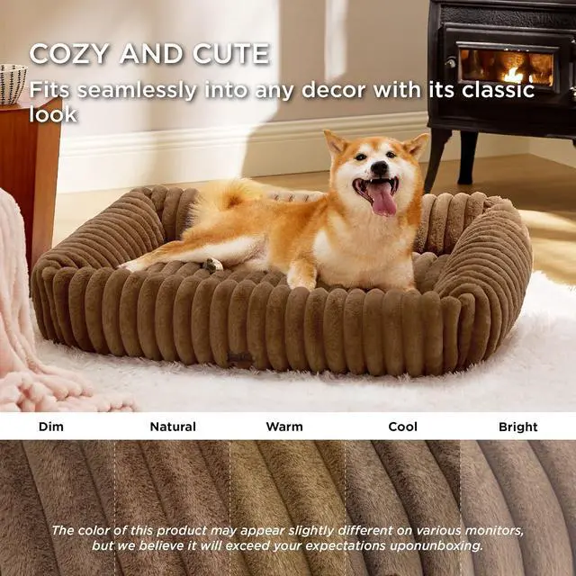 Alt view image 3 of 6 - ComfyFleece Dog Beds Large Sized Dog Washable36in Camel Brown | Furry Big Rectangle Pet Beds,Cute Aesthetic,Orthopedic Corduroy Fleece,Removable Zipper Cover,Non-Slip Bottom,Up to 60 Lbs
