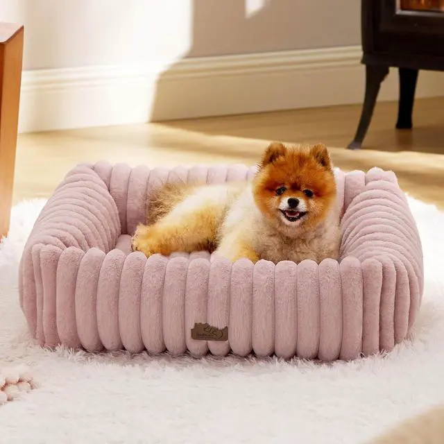 Alt view image 7 of 7 - ComfyFleece Dog Bed Medium Large Size Dog Washable30in Blush Pink | Furry Puppy Beds,Rectangle Cute Orthopedic Corduroy Aesthetic Pet Beds,Removable Zipper Cover,Non-Slip Bottom,Up to 40 Lbs