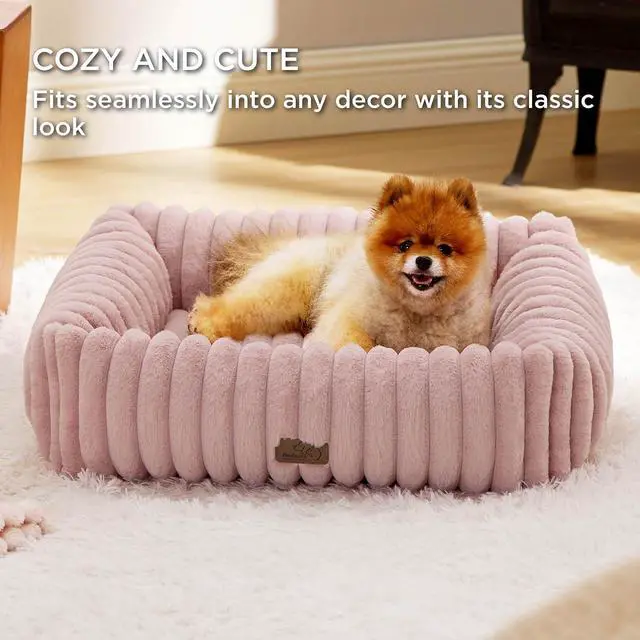 Alt view image 4 of 7 - ComfyFleece Dog Bed Medium Large Size Dog Washable30in Blush Pink | Furry Puppy Beds,Rectangle Cute Orthopedic Corduroy Aesthetic Pet Beds,Removable Zipper Cover,Non-Slip Bottom,Up to 40 Lbs