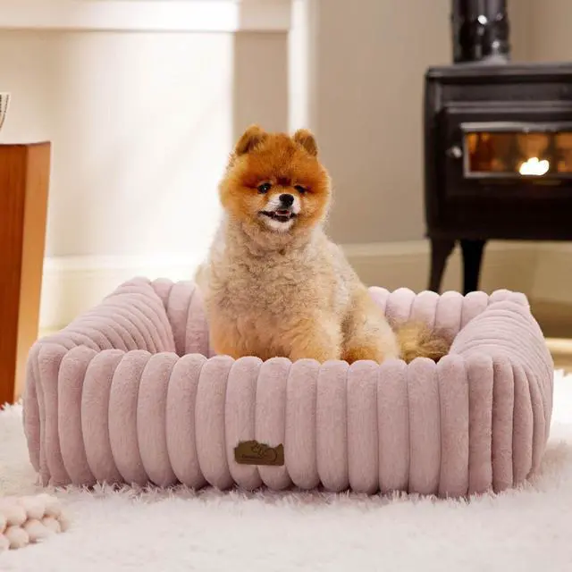 Alt view image 4 of 6 - ComfyFleece Dog Bed for Small Medium Dogs Washable,25in Blush Pink | Furry Puppy Beds,Square Cute Orthopedic Corduroy Aesthetic Pet Beds,Removable Zipper Cover,Non-Slip Bottom,Up to 15 Lbs
