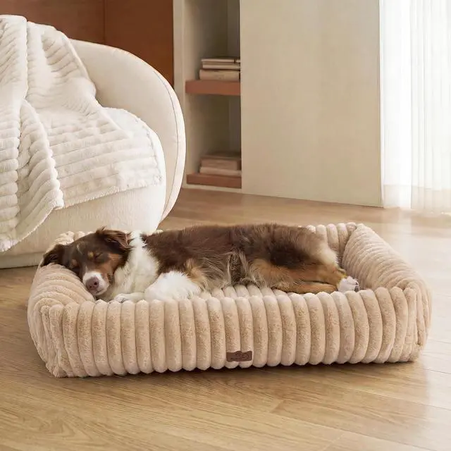 Main image of ComfyFleece Dog Beds Large Sized Dog Washable40in Sandy Beige | Furry Big Rectangle XL Pet Beds,Cute Aesthetic,Orthopedic Corduroy Fleece,Removable Zipper Cover,Non-Slip Bottom,Up To 75 Lbs