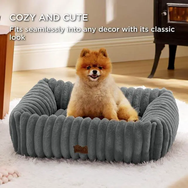 Alt view image 3 of 7 - ComfyFleece Dog Bed Medium Large Size Dog Washable30in Warm Grey | Furry Puppy Beds,Rectangle Cute Orthopedic Corduroy Aesthetic Pet Beds,Removable Zipper Cover,Non-Slip Bottom,Up to 40 Lbs