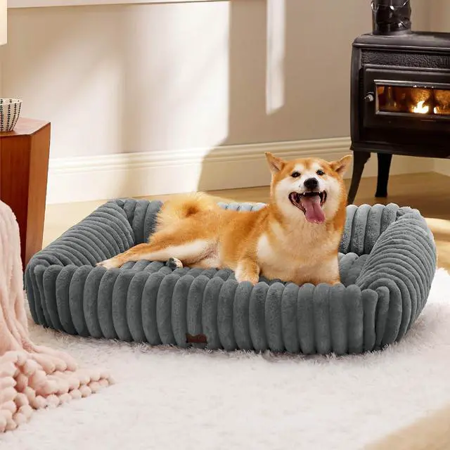 Main image of ComfyFleece Cute Dog Beds Large Sized Dog Washable36in Warm Grey | Furry Big Square Pet Beds, Washable Aesthetic,Orthopedic Corduroy Fleece,Removable Zipper Cover,Non-Slip Bottom,Up to 60 Lbs