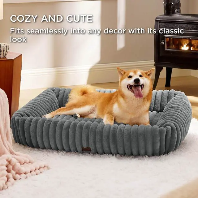 Alt view image 4 of 6 - ComfyFleece Cute Dog Beds Large Sized Dog Washable36in Warm Grey | Furry Big Square Pet Beds, Washable Aesthetic,Orthopedic Corduroy Fleece,Removable Zipper Cover,Non-Slip Bottom,Up to 60 Lbs