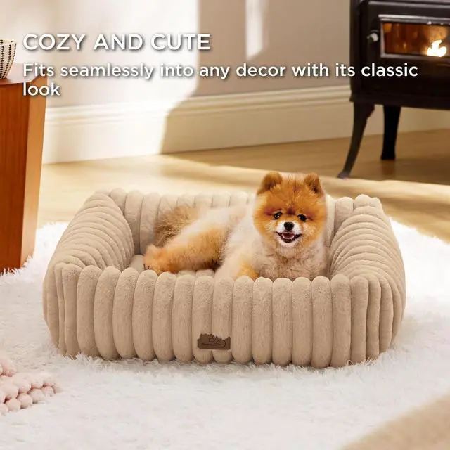 Alt view image 4 of 6 - ComfyFleece Cute Dog Bed Medium Large Size Dog30in Sandy Beige | Furry Puppy Beds,Square Washable Orthopedic Corduroy Aesthetic Pet Beds,Removable Zipper Cover,Non-Slip Bottom,Up to 40 Lbs